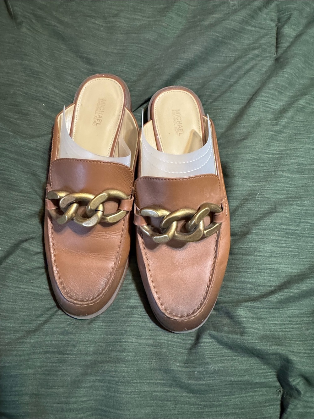 Michael Kors Tan Leather Chain-Trim Slip-On Loafers